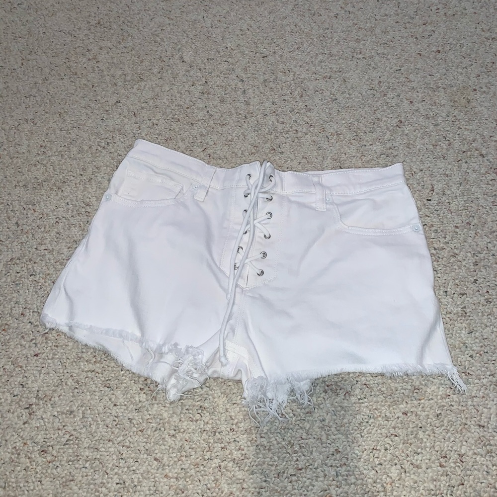 white tie up jean shorts